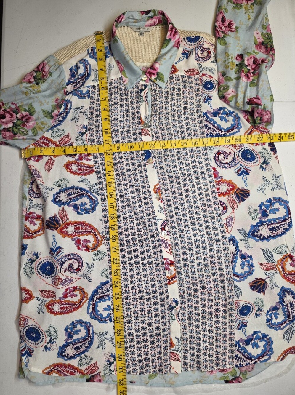 John Mark Floral Embroidered Sheer Panel Long Sleeve Top Mixed Pattern Patchwork - Picture 11 of 12